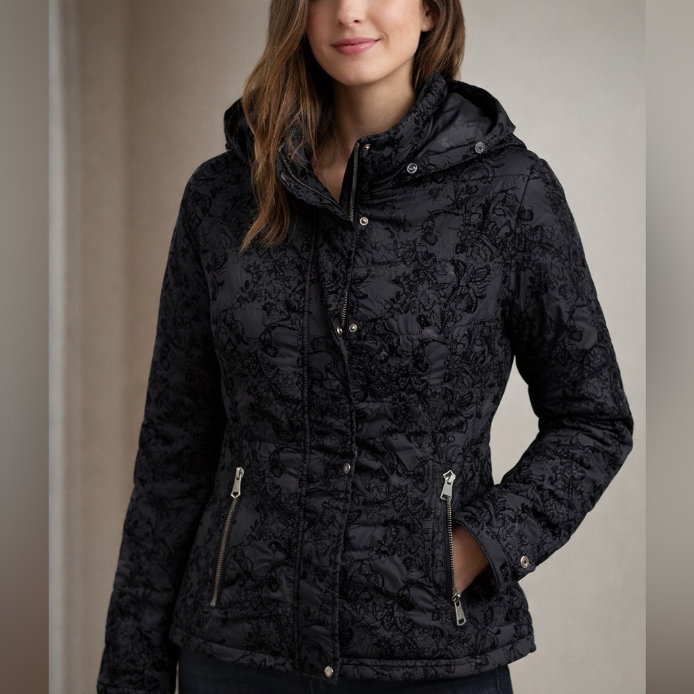 Nanette Lepore Black Lace Overlay Puffer Jacket | Hooded Zip Coat | Size Large